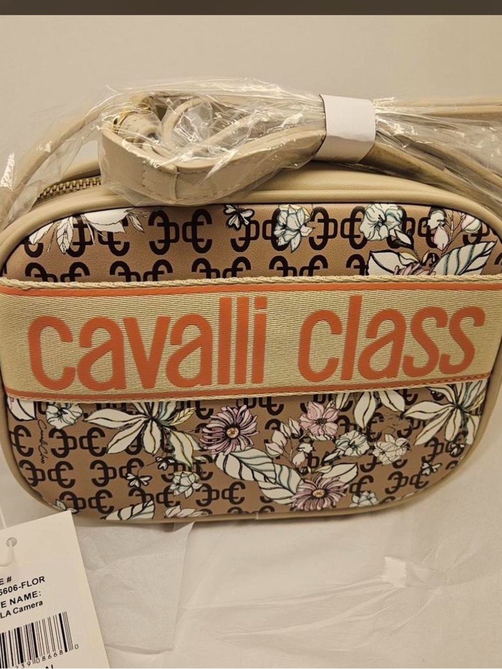 Cavalli Class Beige Floral Logo Strap Crossbody Bag with Orange Accents